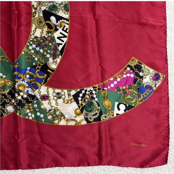 Chanel Silk Scarf Red with Coco Mark and Flowers White - Picture 5 of 5